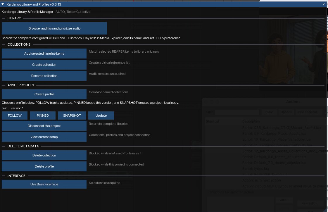Kardango Library and Profile Manager running inside REAPER